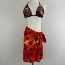 LEILANI Orange Red Floral Tropical Stretchy Swimsuit Cover Up Sarong Wrap Skirt
