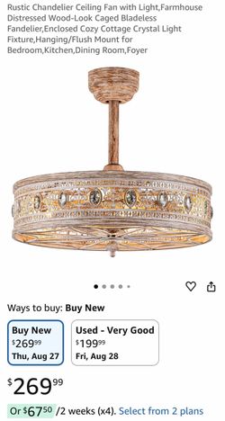 Rustic Chandelier Ceiling Fan with Light,Farmhouse Distressed Wood-Look Caged Bladeless Fandelier,Enclosed Cozy Cottage Crystal Light Fixture,Hanging/