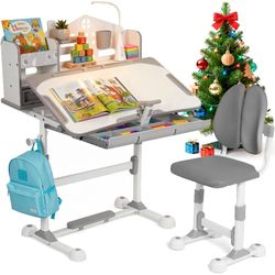 Adjustable Study Desk and Chair Set | Home Study Desk with Tilting Tabletop and Bookshelf, Height-Adjustable, Pink Artificial Board