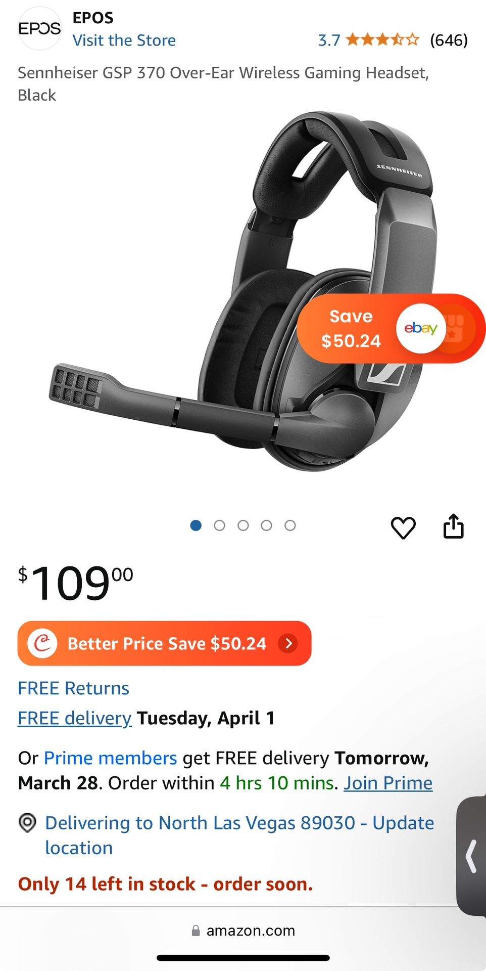 Sennheiser GSP 370 Over-Ear Wireless Gaming Headset, Black