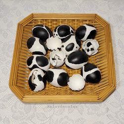 Handmade Cow Print Decorative Eggs with Wicker Tray Set Farmhouse Country Decor