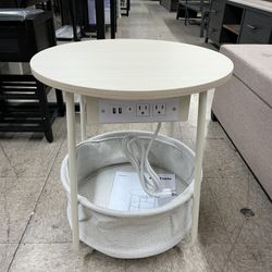 VASAGLE Side Table with Charging Station Round End Table w/ Fabric Basket and USB Ports - Cream White