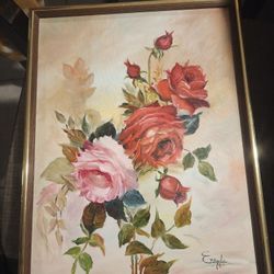  vintage framed  pink and red roses, 