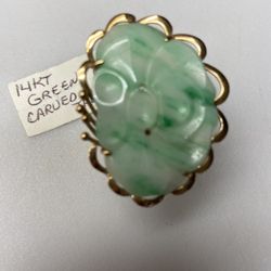 14Kt Carved Green Jade Ring