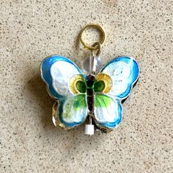 🦋 Beautiful, two-sided butterfly cloisonné puff pendant with beads