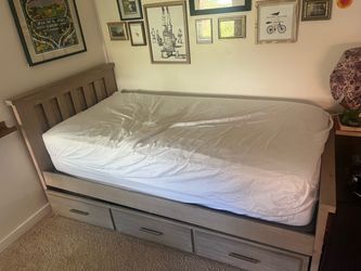 Twin Bed Frame w/drawers, mattress, memory foam mattress topper, bed spring