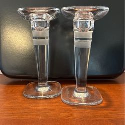 Lead Crystal Taper Holders 5-1/2” Tall, square design, with two etched bands on the shank S2