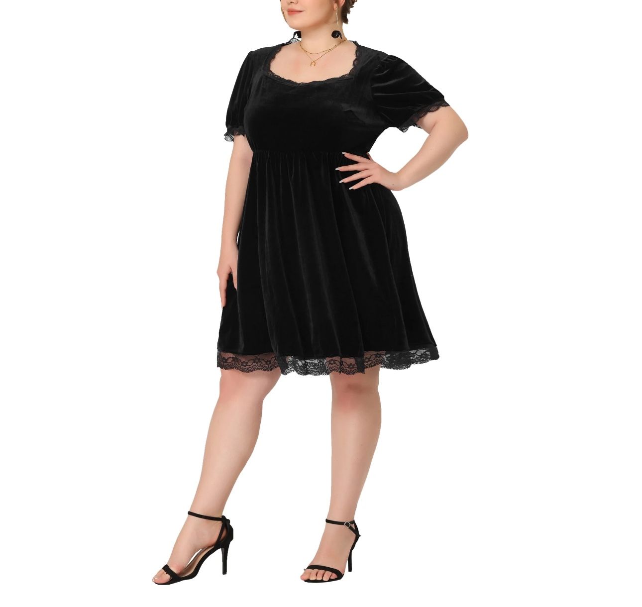Agnes Orinda Women's Plus Size Velvet Lace Trim Short Sleeve Party A Line Dresses