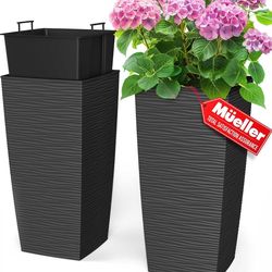 New - Mueller Janska M-Resin Heavy Duty Tall Planter, Indoor/Outdoor Grande Plant, Tree, Flower Pot, 2-Piece Set, 24”, Modern Design, Built-in Drainag
