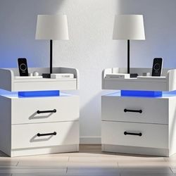 White Nightstand Set of 2 with Charging Station and LED Lights Modern Bedside Tables with 2 Drawers End Table for Bedroom
