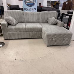 Ash Corduroy Sofa Storage Pullout Bed Compartment Cupholders 