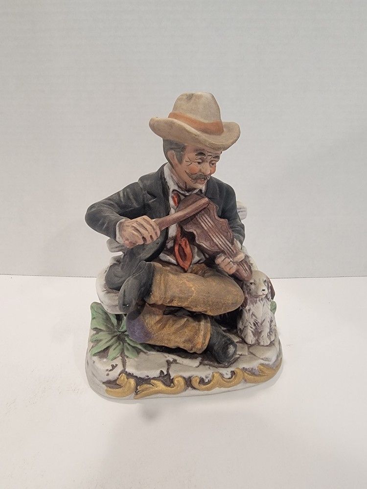 Collectible Vintage Old Man Hobo Playing Violin Fiddle with Dog Figurine