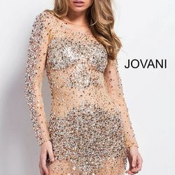 JOVANI Sheer Gold Crystal Long Sleeved Dress