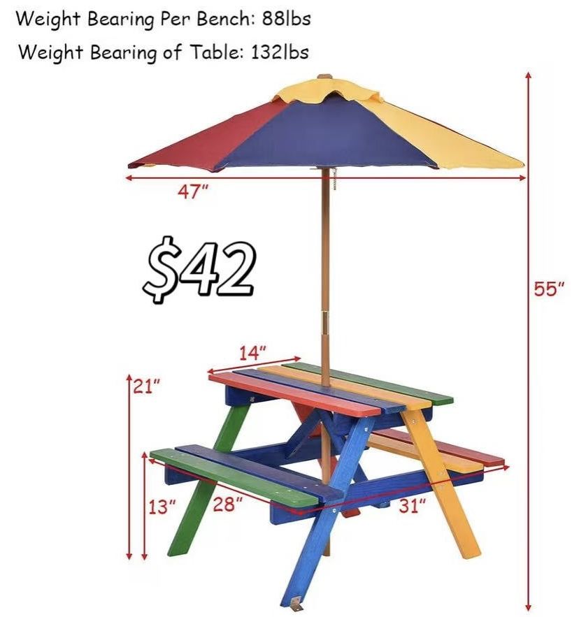 😀 Kids Picnic Table Set w/Removable & Foldable Umbrella, Outside Table Set with Benches, Wooden Table and Bench Set for Toddler Boys Girls,Colorful, 