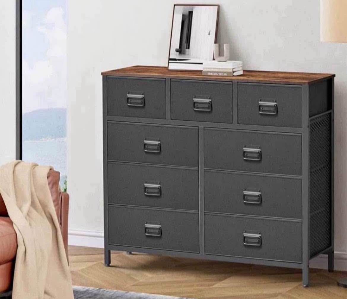 Dresser for Bedroom, Storage Organizer Unit with 9 Fabric Drawers, Chest of Drawers, Steel Frame, for Living Room, Entryway, Rustic Brown