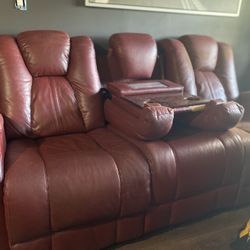Red Leather Recliner Couch with Center Console – Motivated Seller!