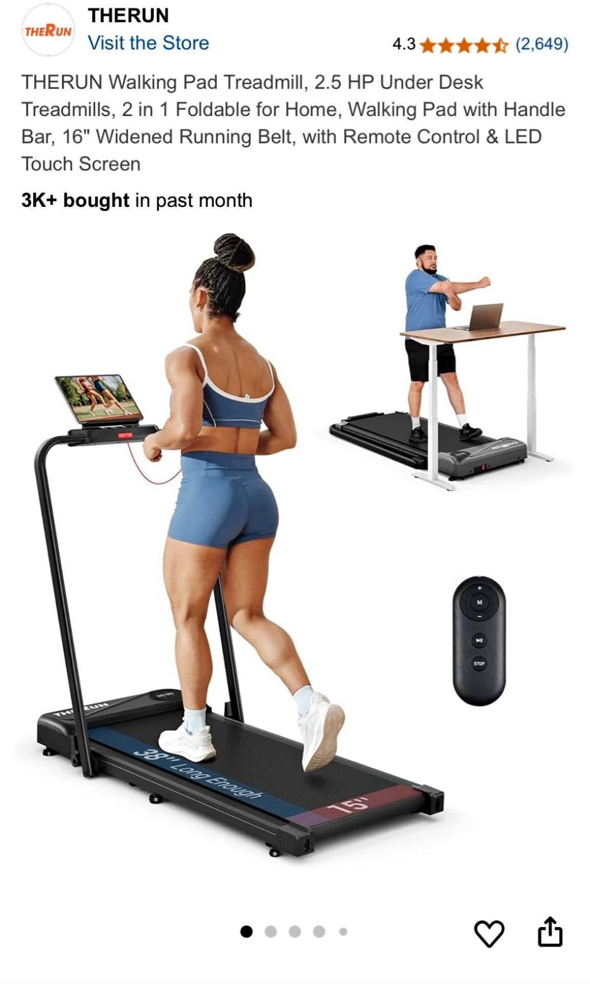 THERUN Walking Pad Treadmill, 2.5 HP Under Desk Treadmills, 2 in 1 Foldable for Home, Walking Pad wi