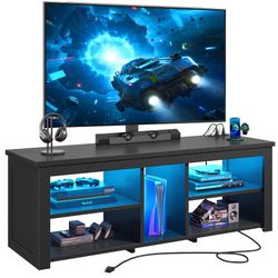 MODERN CARBON FIBER TV STAND WITH MOUNT LED LIGHTS 