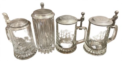 Vintage Glass Beer Steins Lot 4 Oktoberfest Set - James Meger Bald Eagle + Crystal Pineapple Handle Visible + Salem Ship Grand Turk 1786 Pair - Pewter