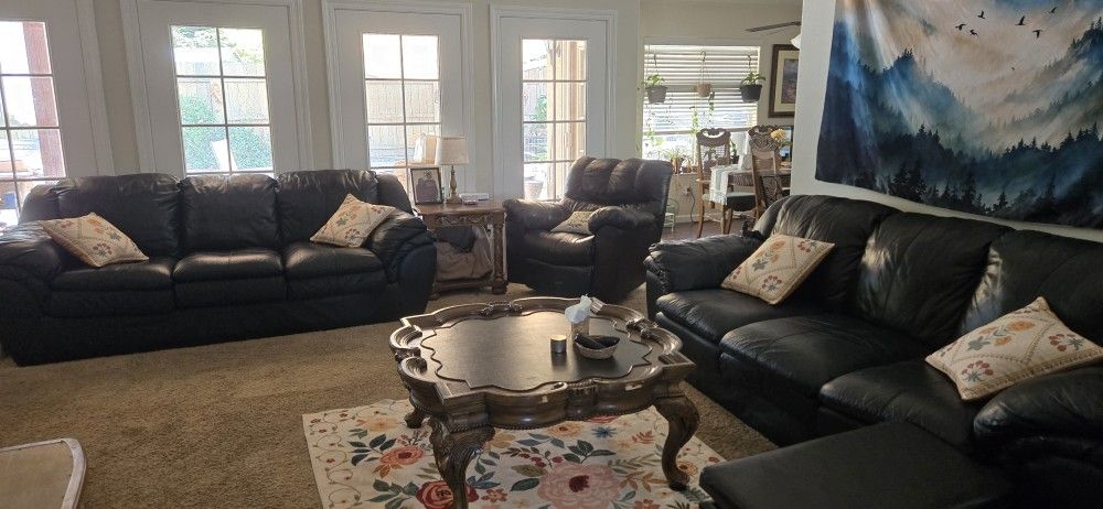 Authentic Black Leather Couches and Dark Brown Leather Recliner
