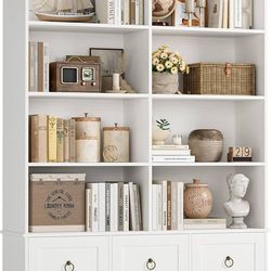 Farmhouse Bookshelf and Bookcase, 47" Wide Bookcase with Drawers, 5 Tier Book Shelves with Storage, Large Display Shelves, 63" Tall Wood Standing Shel