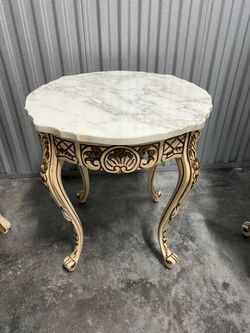 Carved wood side table w/ marble top