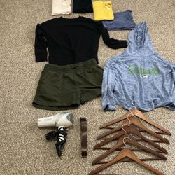 Womens Clothes Size Medium, Wood Hangers, Revlon Hair Blow Dryer 