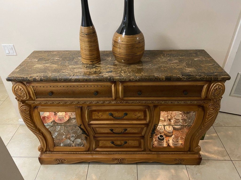 [$1300] EL DORADO FURNITURE AICO SOLID WOOD SIDEBOARD MARBLE  GRANITE DINNING SET BUFFET RECEIPT A5