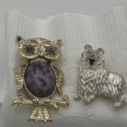 Owl Purple Resin Eyes & Body Collie White Enameled Gold Tone Brooches Both By Gerry’s Good Condition!