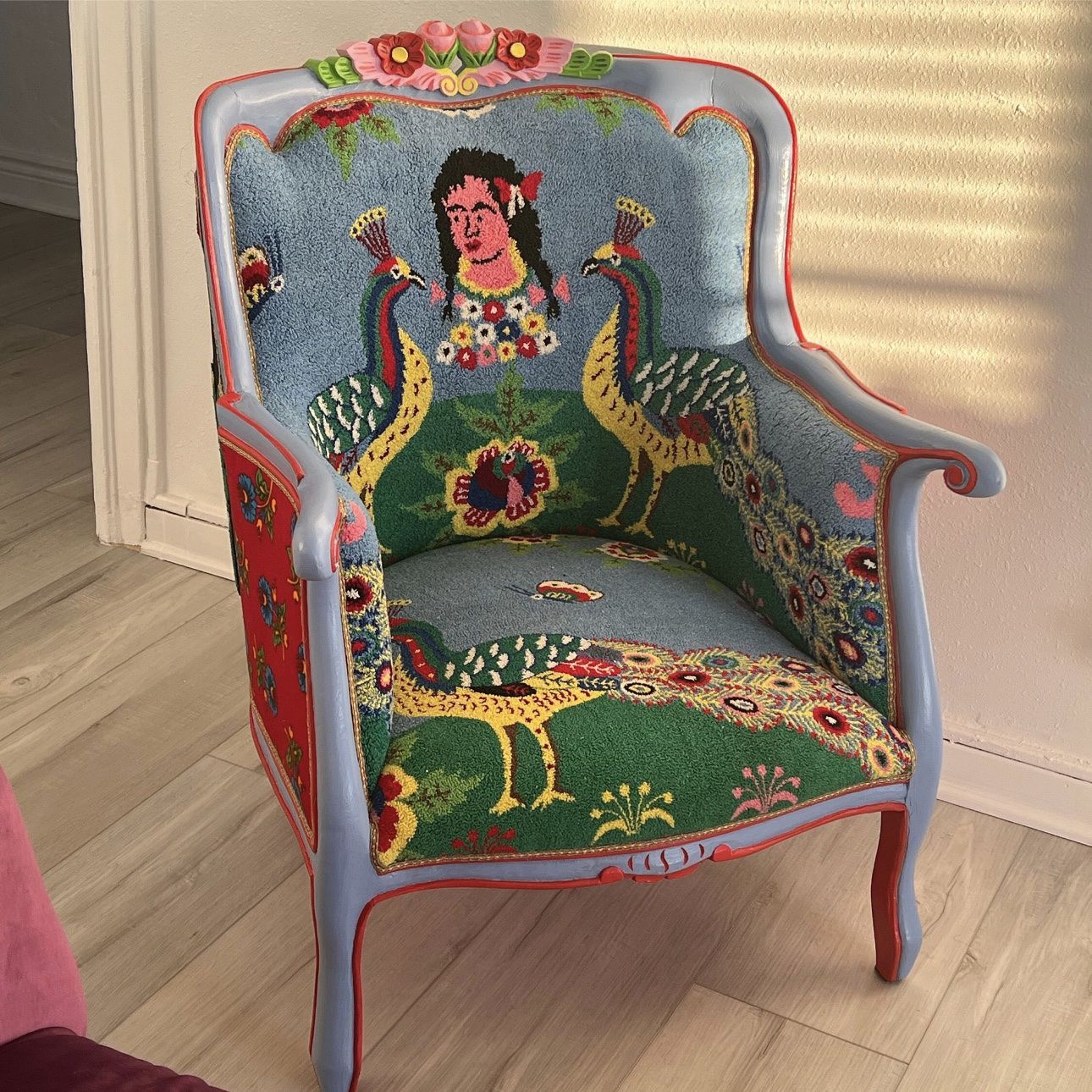 Bohemian Embroidery Armchair Peacocks and Woodwork, Magical Fairy tale Furniture Vintage Embroidery, Punch Needle Embroidery, Hand Painted