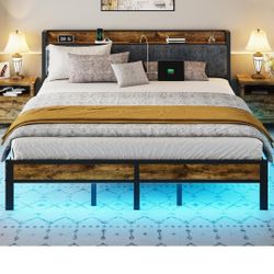 King Size Bed Frame with Smart LED Lights, Storage Headboard with USB Charging Station, Metal Platform Bed Noise Free, Easy Assembly, No Box Spring Ne