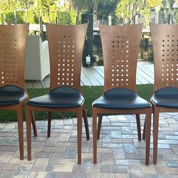 Set of 6 Italian Made IMS SRL Cherry Wood/Black Leather Tall-Back Dining Chairs.