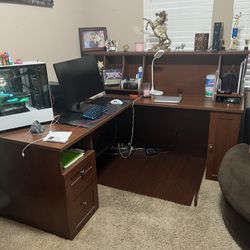L-Shaped Desk with Hutch, Drawers, and Cabinet – 69”x65” – Great Condition