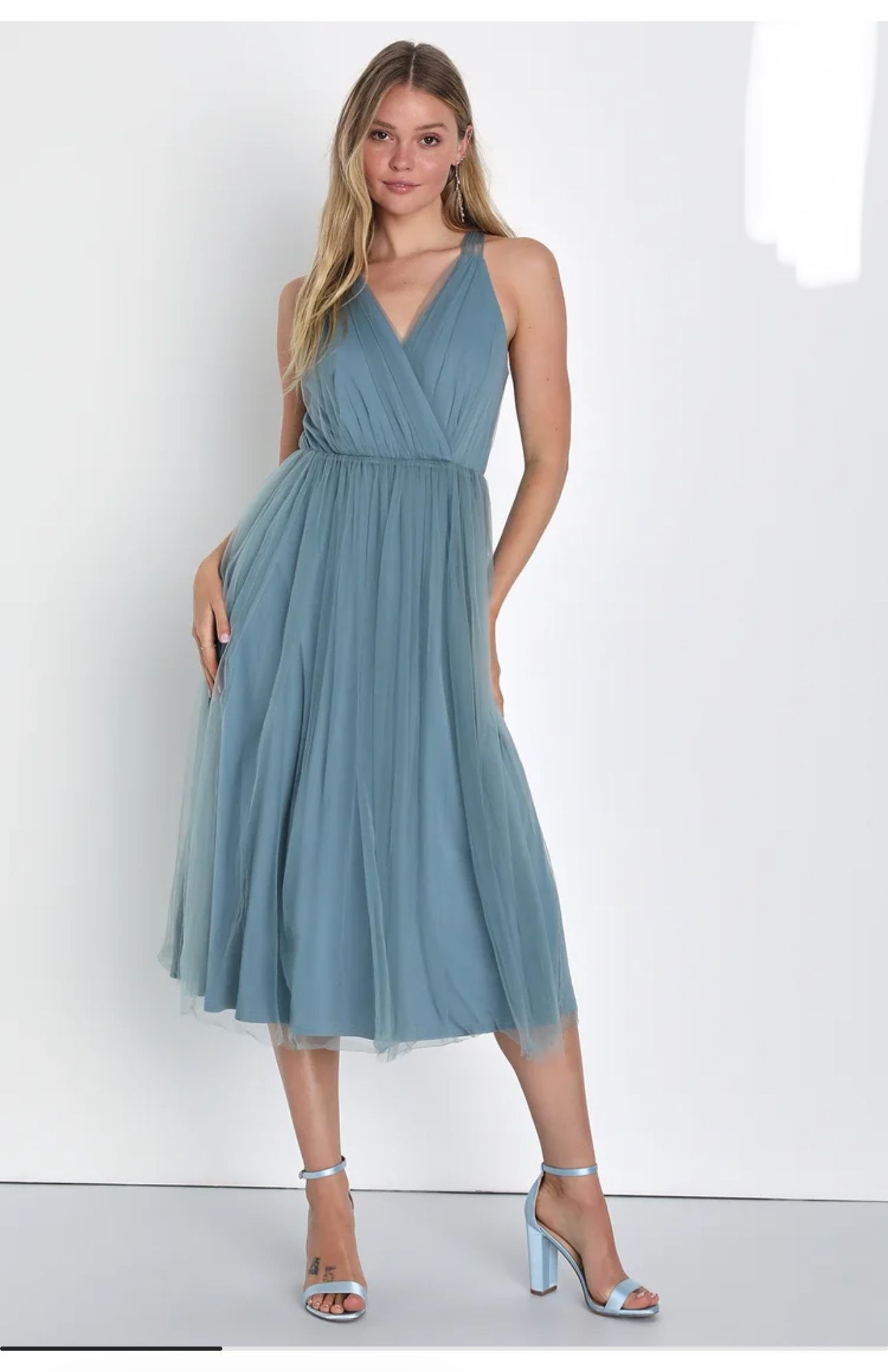 Elegant Ambiance Slate Blue Tulle A-Line Midi Dress Size Medium