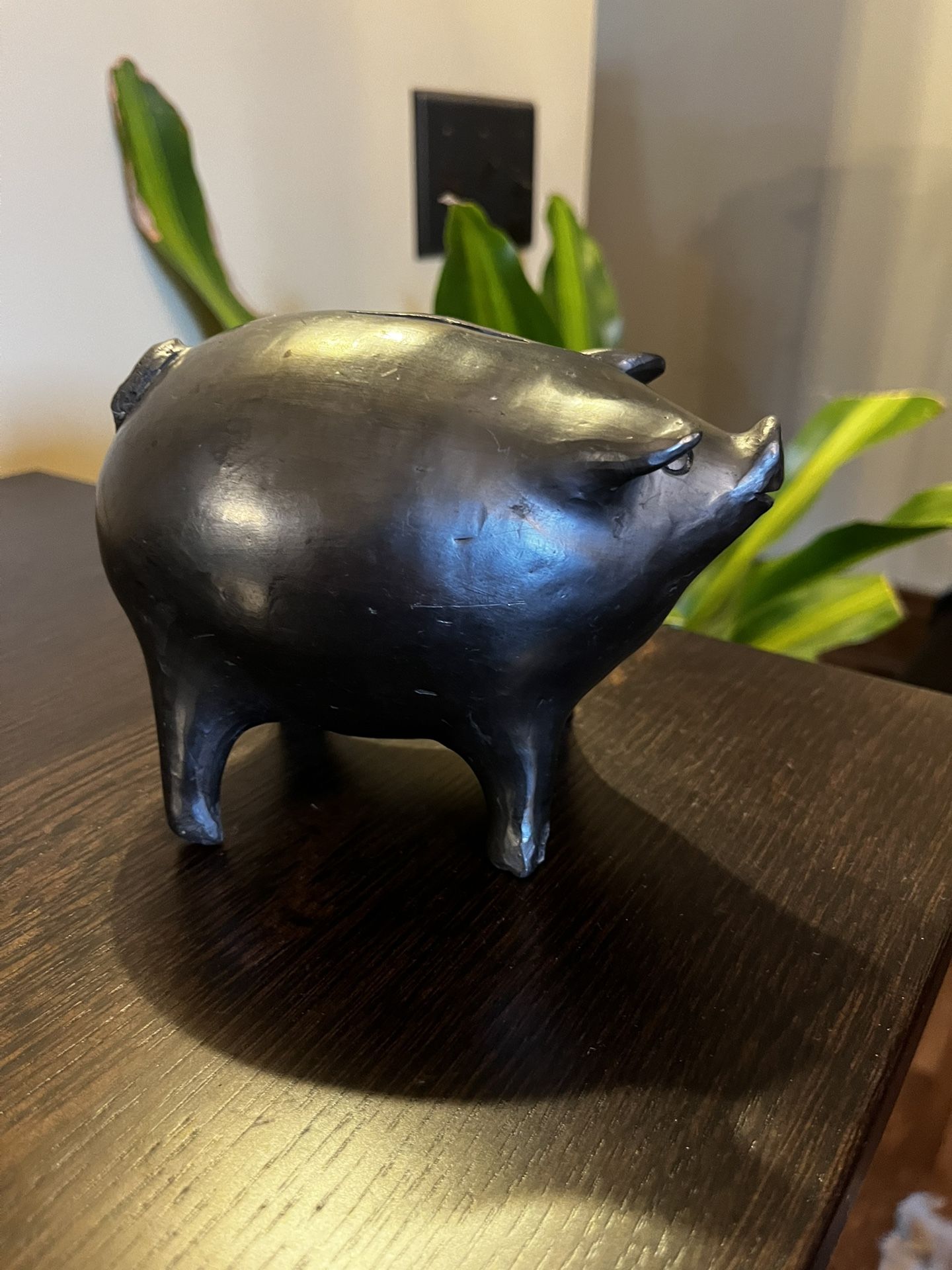 Vintage Handmade Blackware Pottery Piggy Bank Signed Oaxaca Mexico