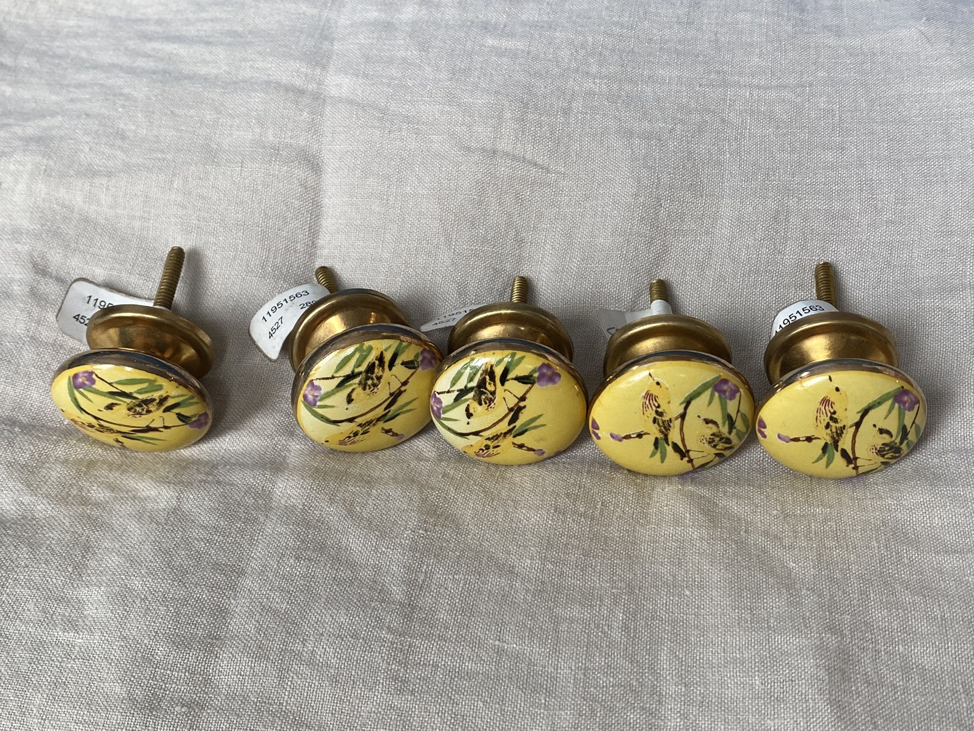 Five (5) Yellow Drawer Knobs with Birds & Greenery from Anthropologie