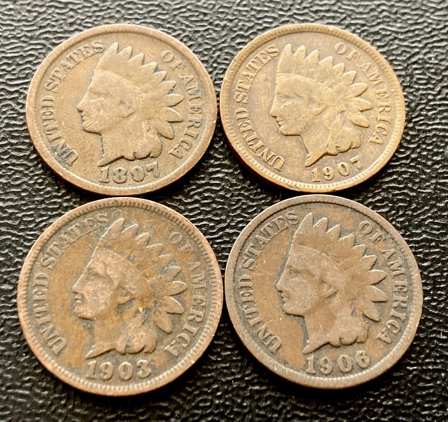 Four (4) Indian Head Pennies Vintage Antique US Cent Coins Over 100 Years Old 