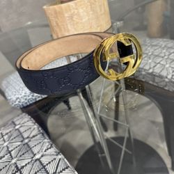 Designer Imprint Leather Belt with Gold Interlocking Buckle (Negotiable Price)