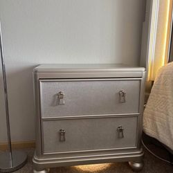 Silver Bedroom Set -Bed Frame, Nightstands & Dresser w/ Mirror