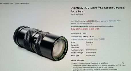 Quantaray 85-210mm f/3.8 Canon FD Manual Focus Lens