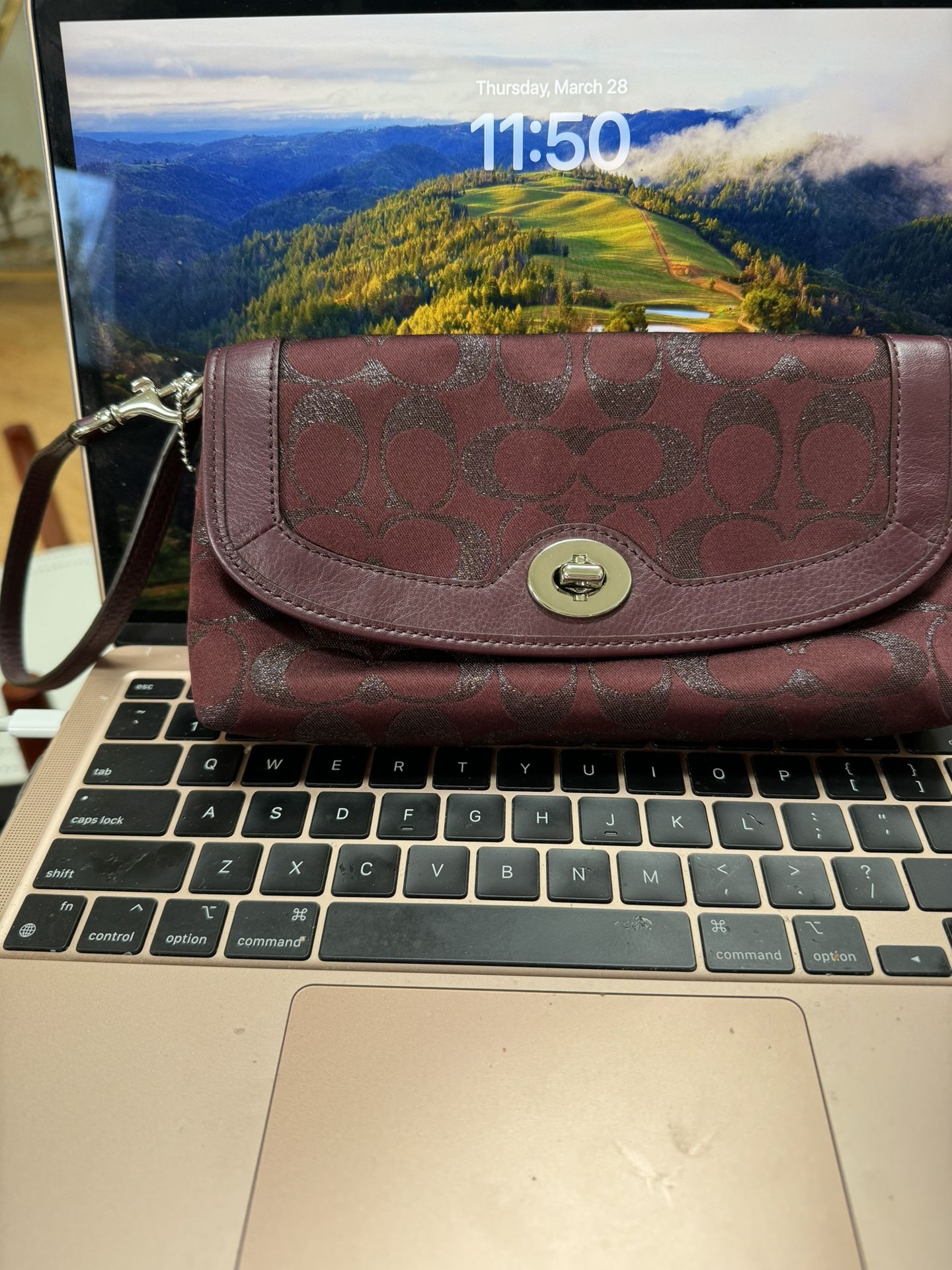 Like New Coach  Wristlet  In Signature Fabric, Trimmed With Leather