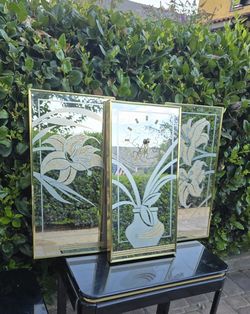 Vintage Postmodern Art Deco glass mirrors clock gold Etched glass