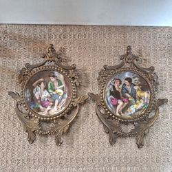 Vintage Pair of Murillo Style Porcelain & Brass Wall Plaques
