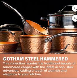 NEW IN UNOPENED BOX! Gotham Steel Hammered Copper 20 Pc Ceramic Cookware Set. Nonstick, Non Toxic Induction Pots and Pans. Oven & Dishwasher Safe.