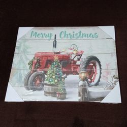 NEW / SEALED ~  Light Up Canvas Picture Merry Christmas Farm Tractor w/ Trees  15.5" x 11.5"