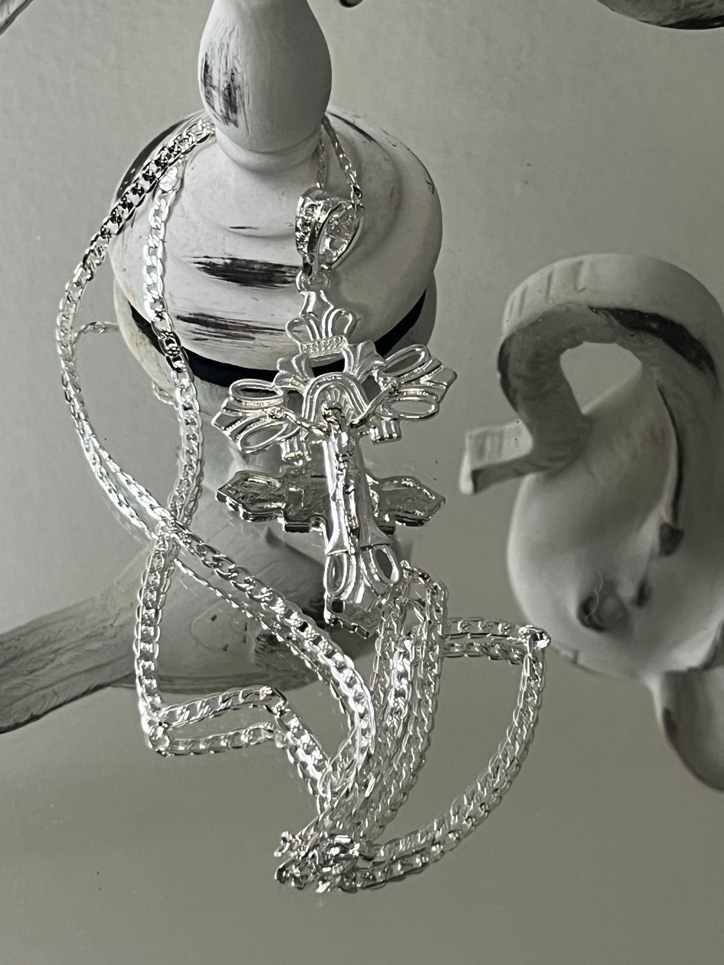 Jesus Cross Silver Plated Pendant With Chain Necklace 24” 3.5mm