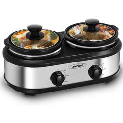 Dual Pot Slow Cooker, 2 Pot Small Mini Crock Buffet Server and Warmer, Upgraded Oval Ceramic Double