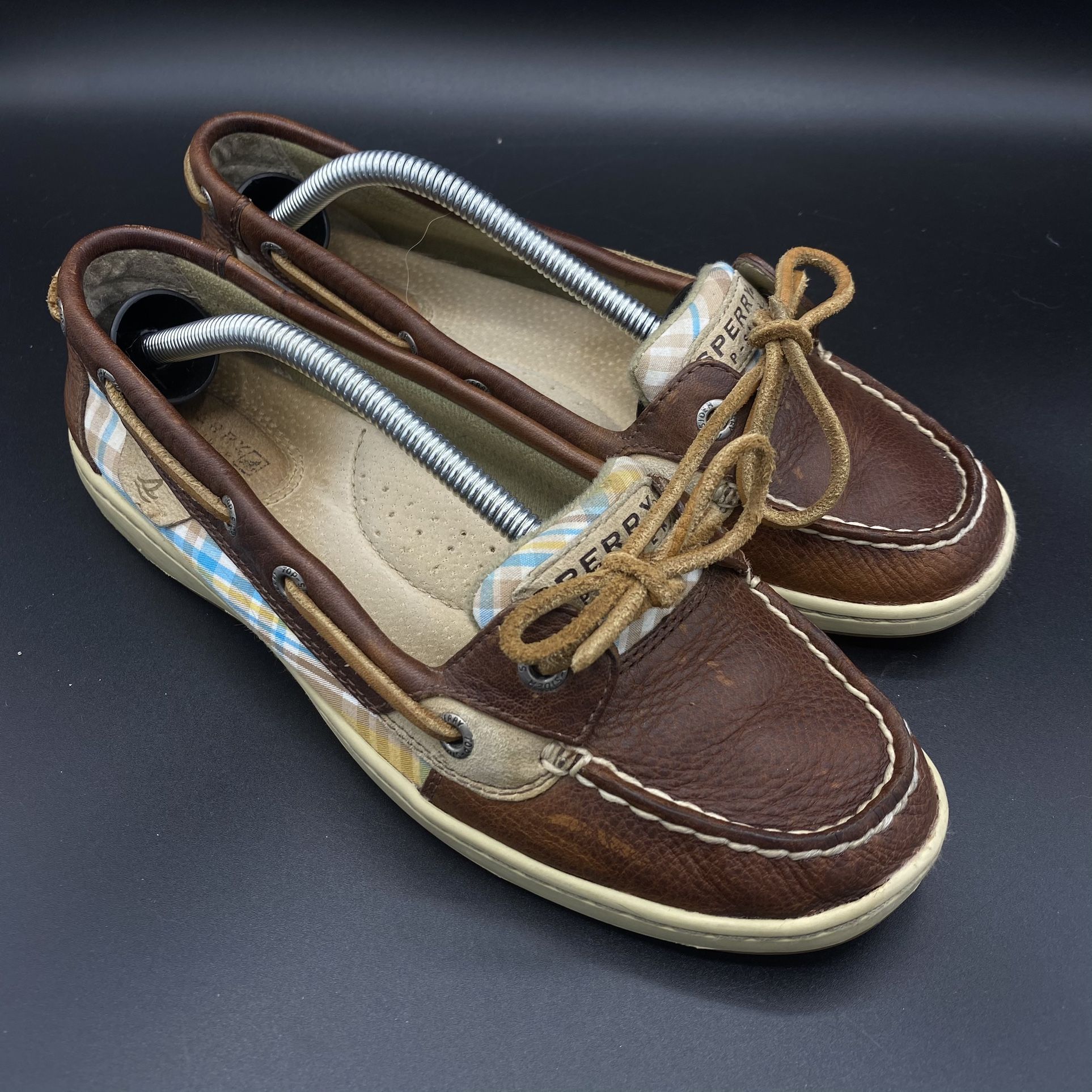 Sperry Top-Sider Angelfish Brown Plaid Twill Pebble Leather Loafers 7.5 M