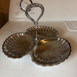 MCM Vintage Irvinware Silver Shell Serving Dish 3 Section Clamshell Tray with handle