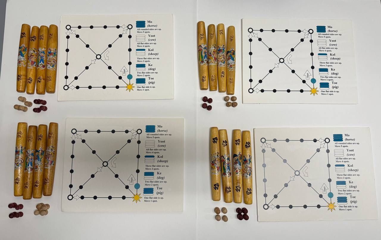 Lot of 4 Traditional Korean Yut Nori Board Games – Wooden Sticks, Tokens & Boards – Complete Sets 